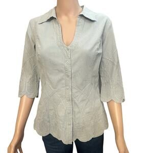 Soft Surroundings Embroidered Scallop Hem Blouse Small Button Up 3/4 Sleeve Boho